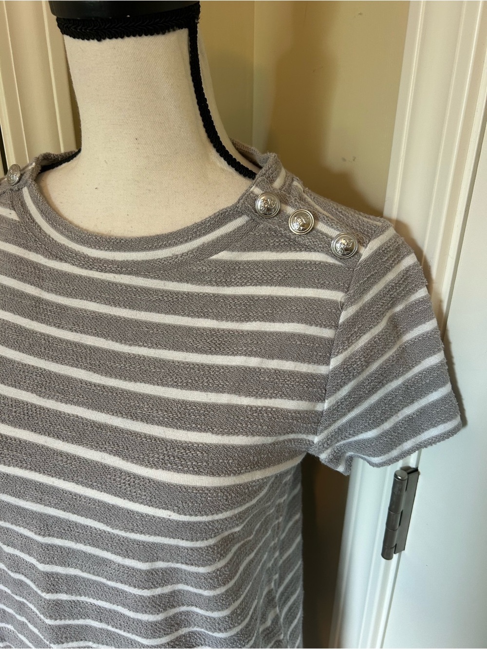 LOFT Gray and White Striped Short-Sleeve Midi Dress with Shoulder Buttons - Picture 2 of 4